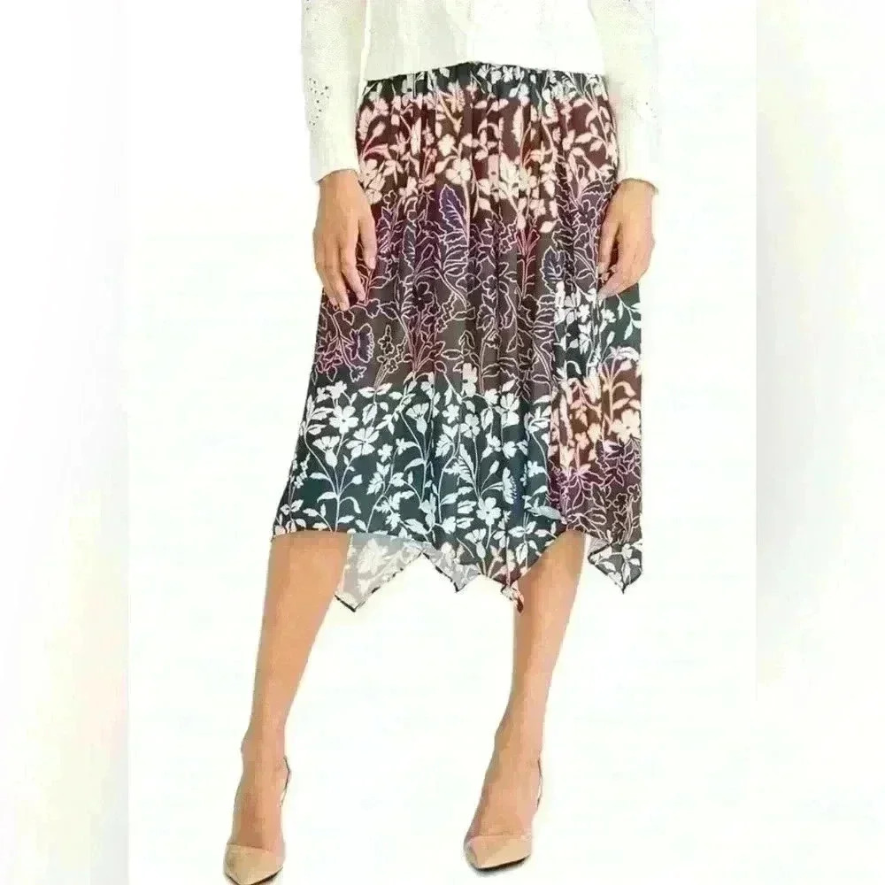 Rachel Roy Womens Floral Print Multicolored Handkerchief Hem Midi Skirt Size XXL